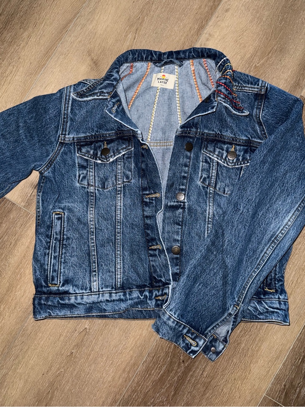 Marine Layer Blue Denim Colorful Rainbow Sun Embroidered Jean Jacket Small S